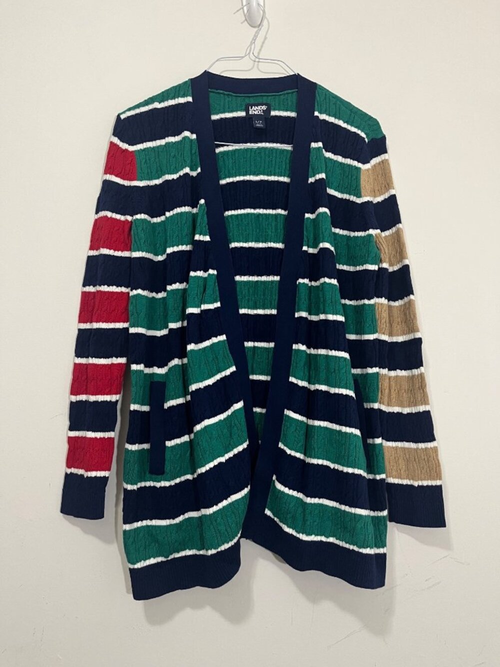 Lands End Cable Knit Open Front Cardigan Sz L Tall Stripe Green Red Blue Preppy